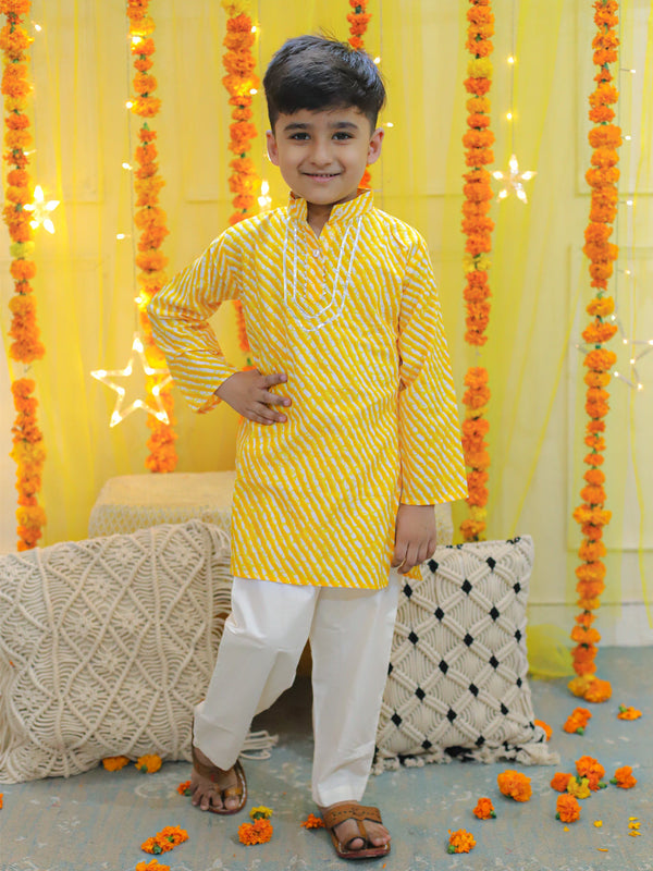 Boy's Yellow Pure Cotton Printed Leheriya Kurta Pajama - BOWNBEE