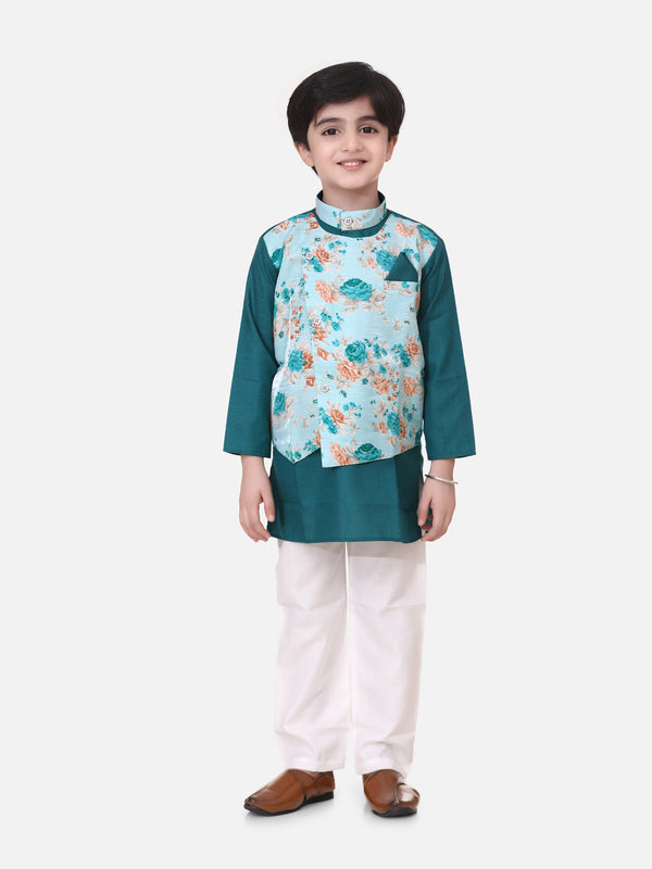 Boy's Green Attached Floral Print Jacket Cotton Kurta Pajama - BOWNBEE