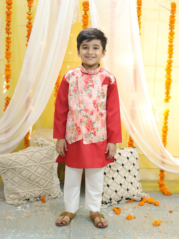 Boy's Red Ethnic Attached Floral Printed Jacket Cotton Kurta Pajama - BOWNBEE