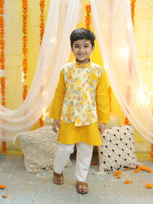 Boy's Yellow Ethnic Attached Floral Printed Jacket Cotton Kurta Pajama - BOWNBEE