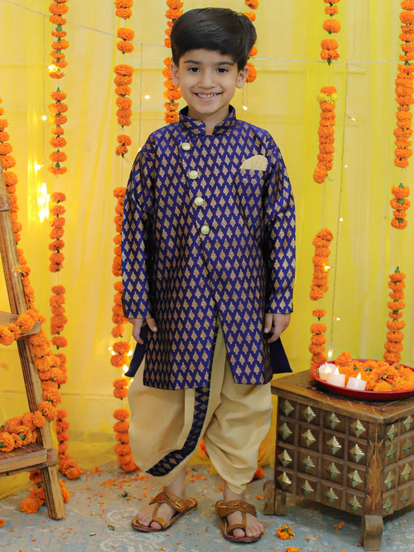 Boy's Blue Ethnic Festive Wear Jacquard Full Sleeve Sherwani With Dhoti - BOWNBEE