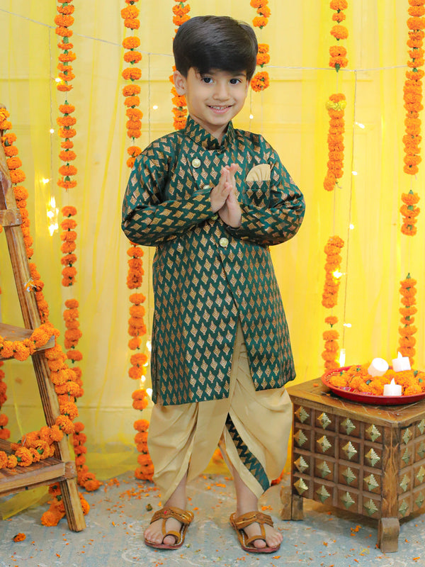 Boy's Green Ethnic Festive Wear Jacquard Full Sleeve Sherwani With Dhoti - BOWNBEE