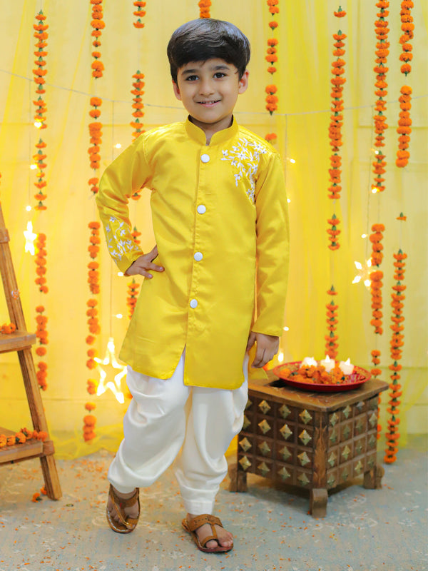 Boy's Yellow Ethnic Festive Wear Hand Embroidered Jam Cotton Sherwani Salwar - BOWNBEE