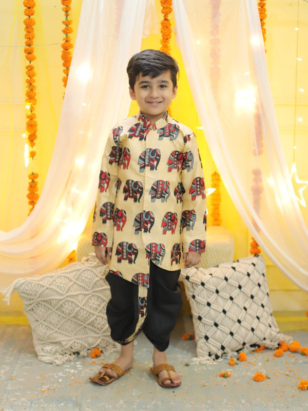 Boy's Black Ethnic Hathi Print Full Sleeve Sherwani - BOWNBEE