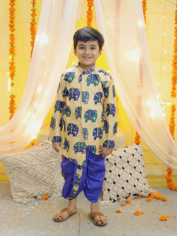 Boy's Blue Ethnic Hathi Print Full Sleeve Sherwani - BOWNBEE