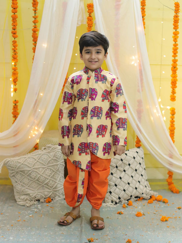 Boy's Orange Ethnic Hathi Print Full Sleeve Sherwani - BOWNBEE