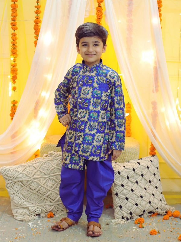 Boy's Blue Ethnic Mor Print Full Sleeve Sherwani With Salwar - BOWNBEE