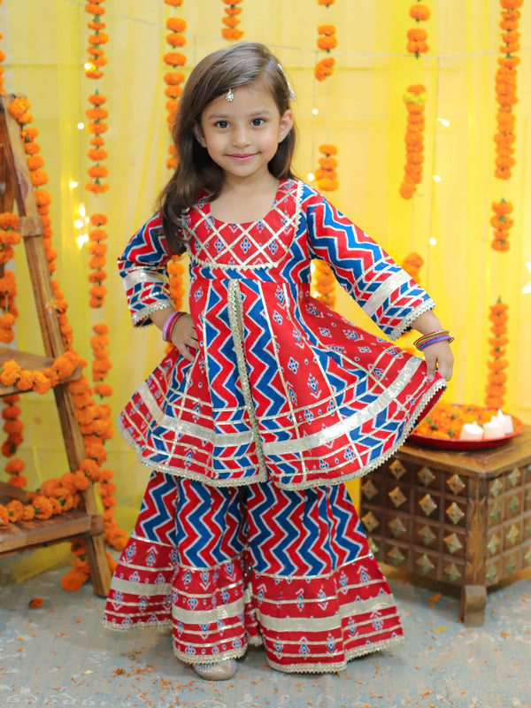 Girl's Red Pure Cotton Printed Kurta Sharara - BOWNBEE