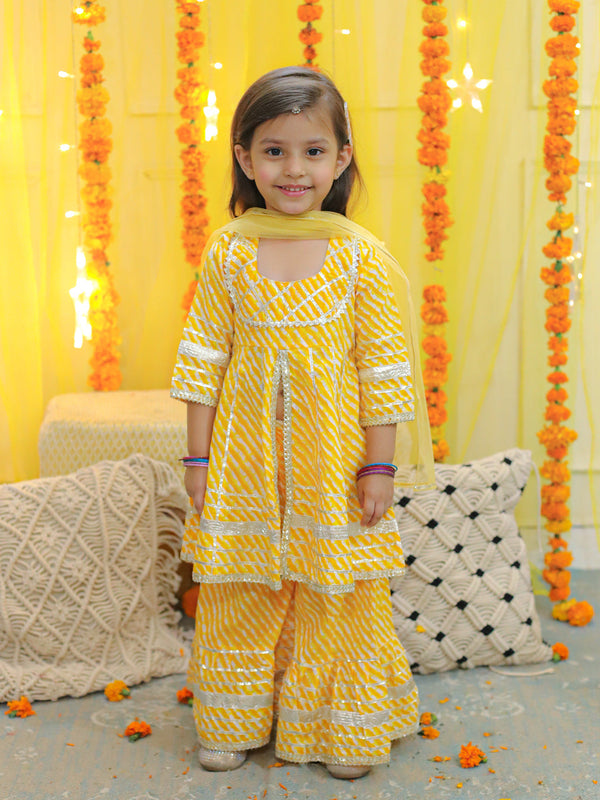 Girl's Yellow Pure Cotton Printed Kurta Sharara With Dupatta - BOWNBEE