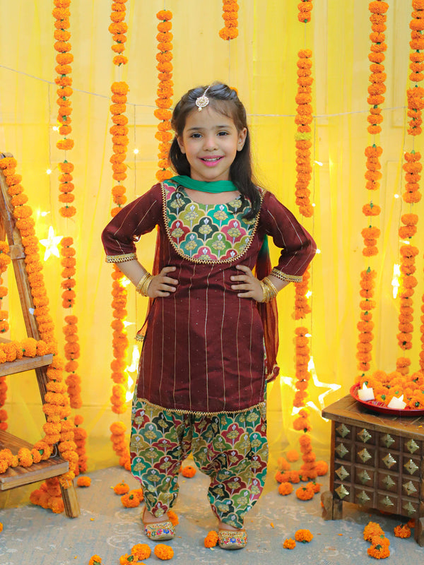 Girl's Maroon Ethic Traditional Indian Festive Chanderi Kurta With Printed Salwar And Dupatta - BOWNBEE