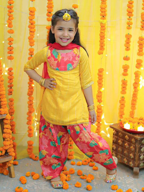 Girl's Yellow Ethic Traditional Indian Festive Chanderi Kurta With Printed Salwar And Dupatta - BOWNBEE