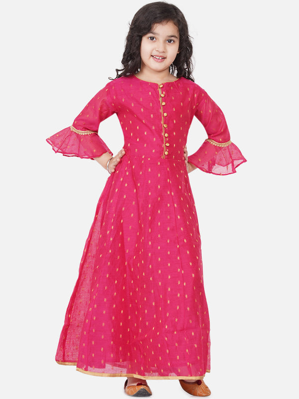 Girl's Pink Bell Sleeves Ethnic Maxi Dress - Bitiya By Bhama