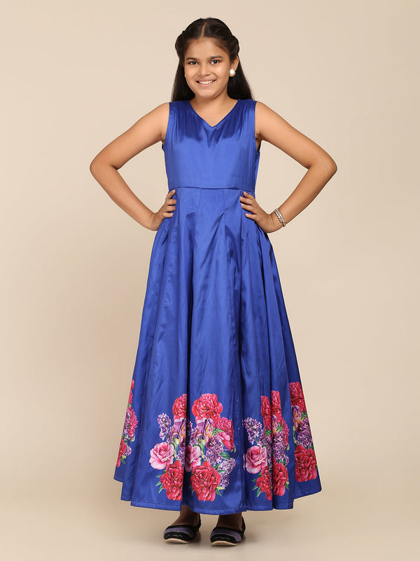 Girl's Blue Digital Print Gown - Bitiya By Bhama