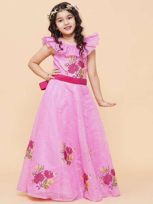 Girl's Pink Floral Embroidered Fit & Flared Dress - Bitiya By Bhama