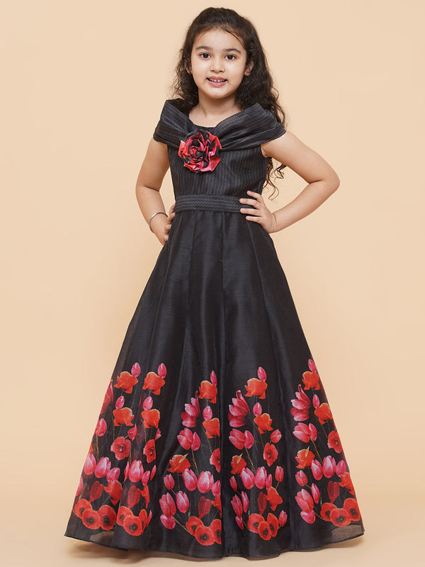 Girl's Black Chnaderi Tulip Digital Print Fit & Flared Dress - Bitiya By Bhama