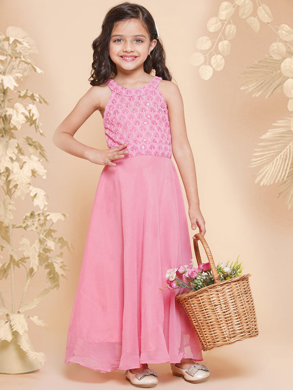 Girl's Pink Embroidered Sequence Yoke Fit & Flared Maxi Dress. - Bitiya By Bhama