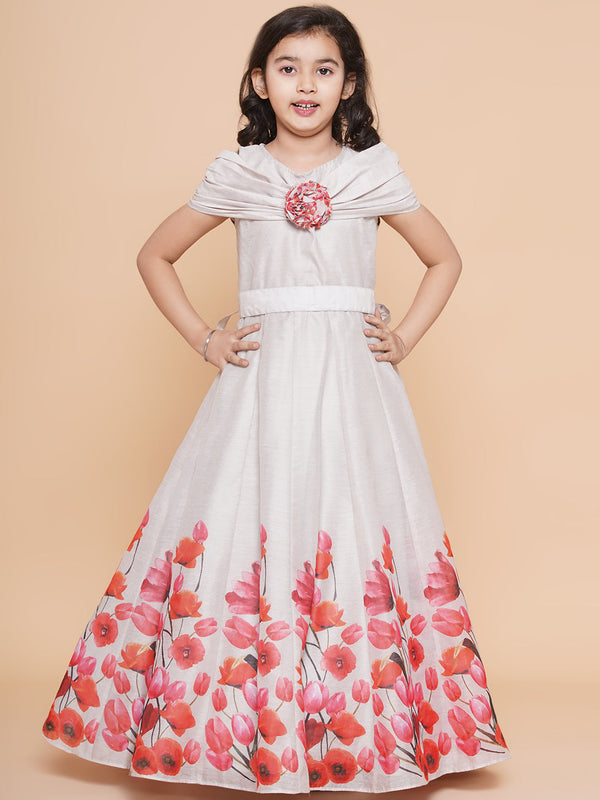 Girl's Off White Flower Digital Printed Fit & Flared Maxi Dress. - Bitiya By Bhama