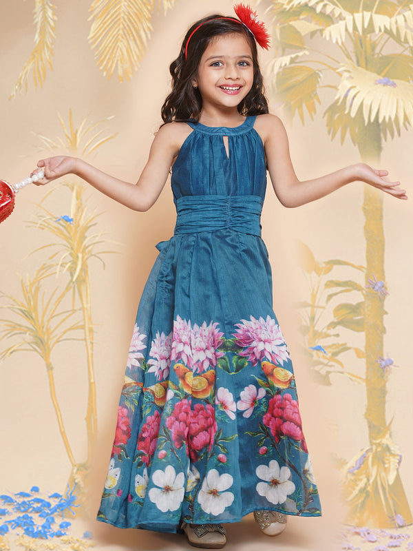 Girl's Blue Flower Digital Printed Fit & Flared Maxi Dress. - Bitiya By Bhama