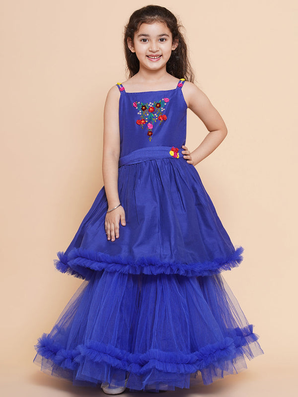 Jashvi  Girls Floral Embroidered Satin Fit & Flare  Dress