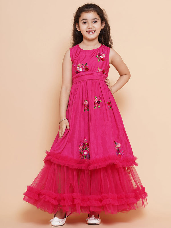 Jashvi  Girls Floral Embroidered Fit & Flare Maxi Dress