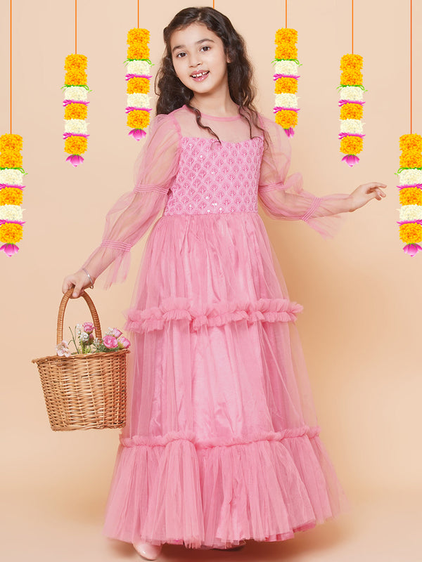 Jashvi Girls Pink Embroidered Net Fit & Flared Gown Dress