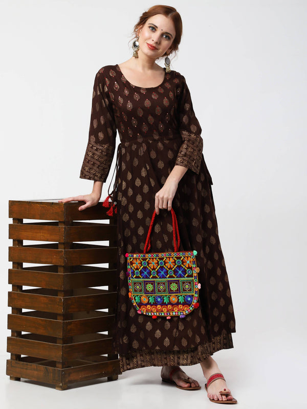 Women's Rayon Chocolate Brown Double Layer Anarkali Kurta Dress - Cheera