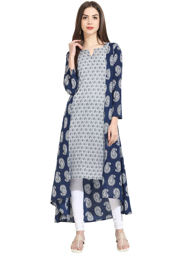 Women's Blue Indigo Theme Printed 3/4Th Sleeve Assymetrical Rayon Kurta - Nayo Clothing