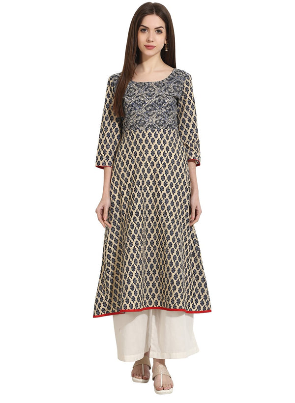 Women's Beige Color 3/4Th Sleeve Cotton A-Line Kurta - Nayo Clothing