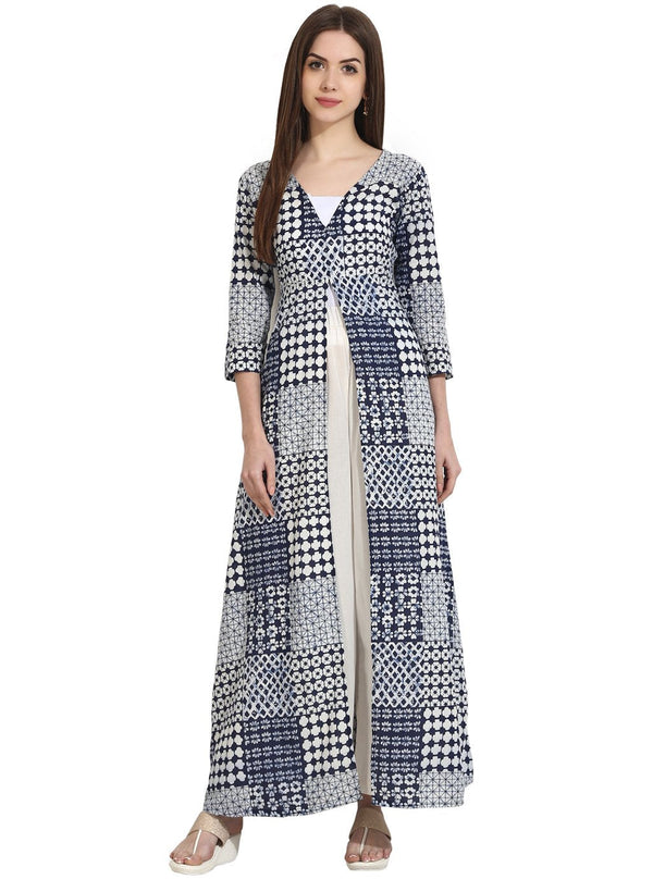 Women's Blue Printed 3/4Th Sleeve Floor Length Open Kurta - Nayo Clothing