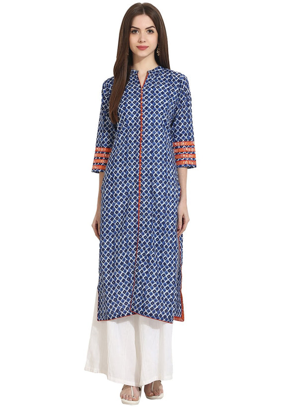 Women's Indigo Blue Printed 3/4Th Sleeve Cotton Kurta - Nayo Clothing