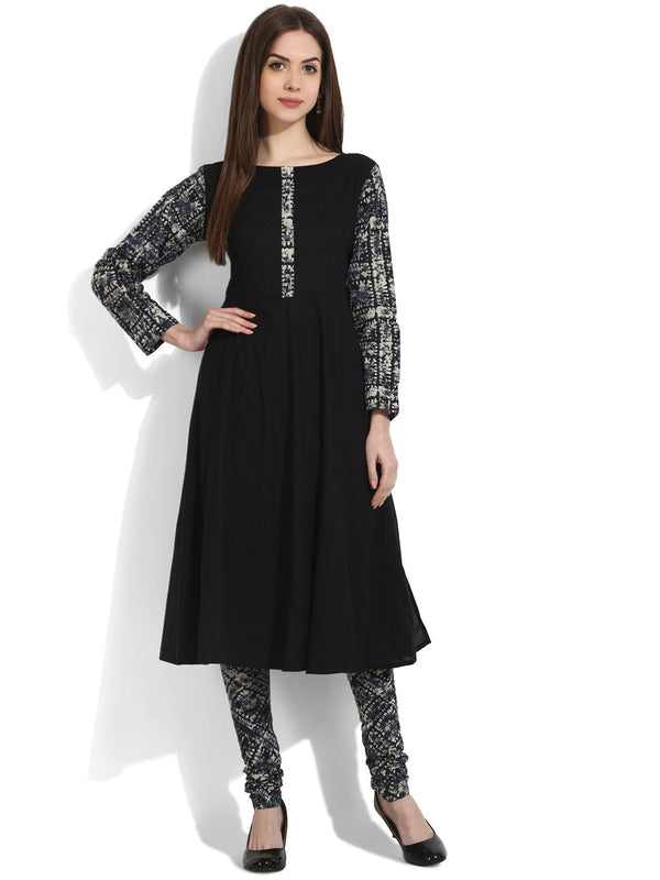 Women's Black 3/4Th Sleeve Cotton Kurta - Nayo Clothing