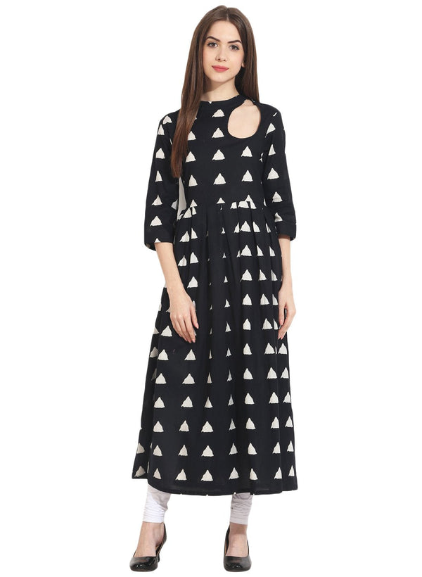 Women's Black Full Printed 3/4Th Sleeve Cotton Anarkali Kurta - Nayo Clothing