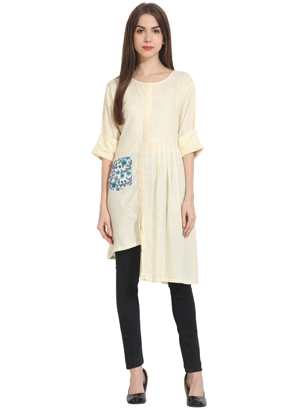 Women's Cream 3/4Th Sleeve Assymetical Georgette Kurta - Nayo Clothing