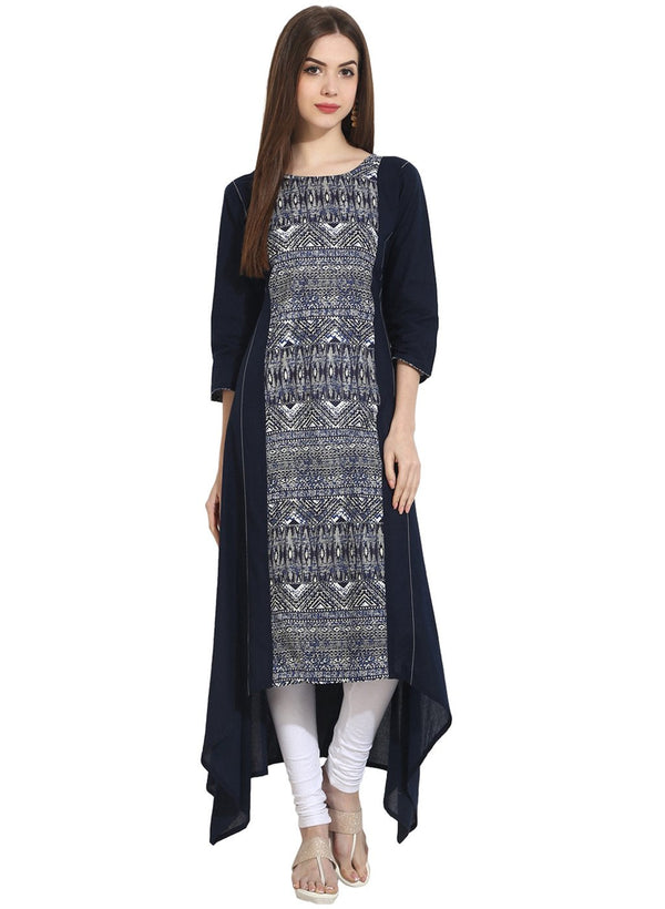 Women's Blue 3/4Th Sleeve Rayon Assymetrical Kurta - Nayo Clothing