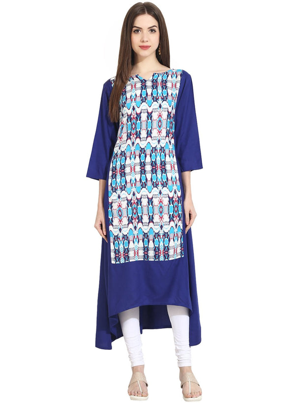 Women's Blue 3/4Th Sleeve Low-High Rayon Kurta - Nayo Clothing