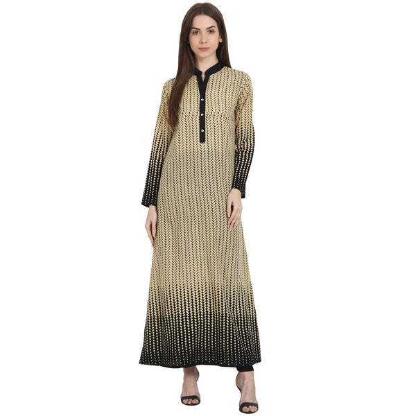 Women's Beige & Black Printed Full Sleeve Ankle Length Cotton Kurta - Nayo Clothing