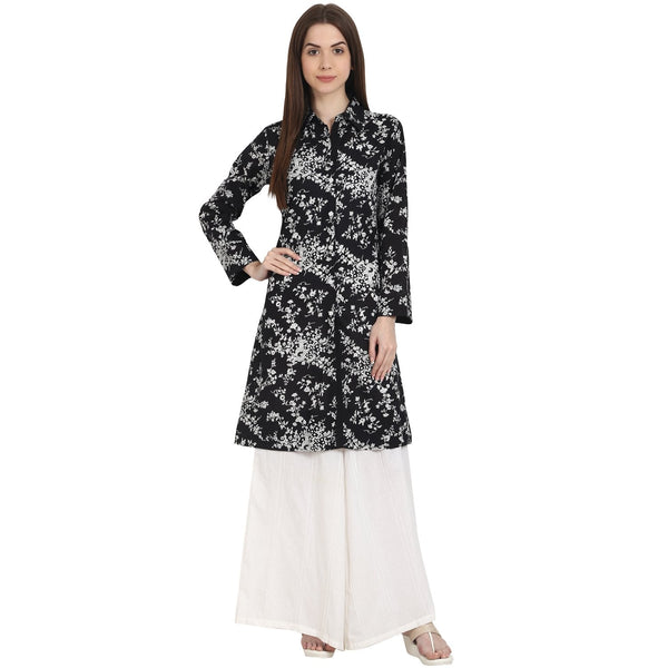 Women's Black Printed Full Sleeve Front Open Cotton Tunics - Nayo Clothing