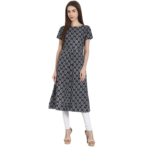 Women's Blue Butta Printed Cap Sleeve Rayon Kurta - Nayo Clothing