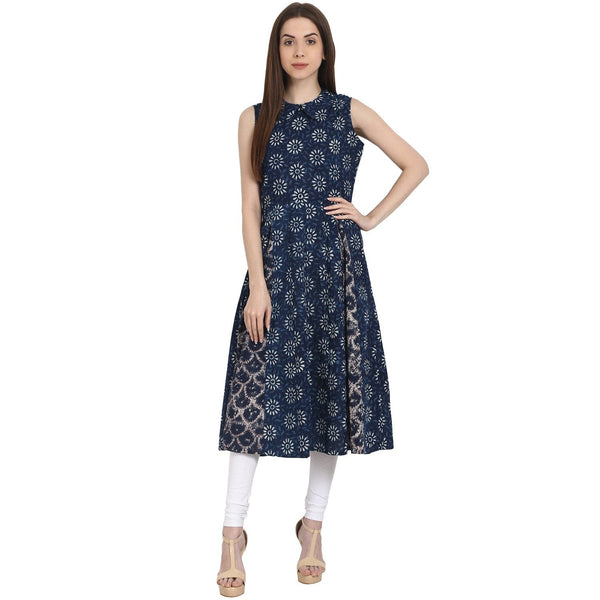 Women's Blue Printed Sleevless A-Line Kurta - Nayo Clothing