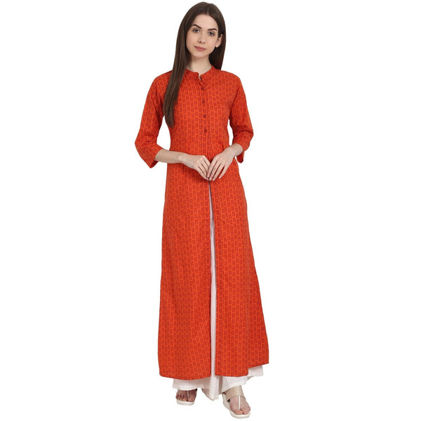 Women's Rust Printed 3/4 Sleeve Rayon Front Open Kurta - Nayo Clothing