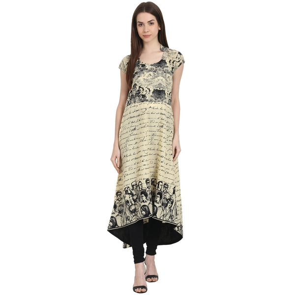 Women's Beige Printed Cap Sleeve Low High Kurta - Nayo Clothing