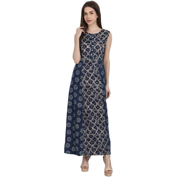 Women's Blue Printed Sleevless Rayon Kurta - Nayo Clothing