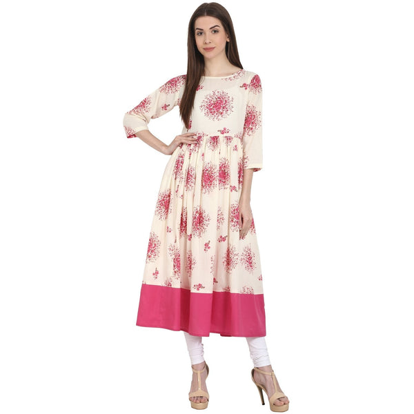 Women's Peach Printed 3/4 Sleeve Cotton Anarkali Kurta - Nayo Clothing