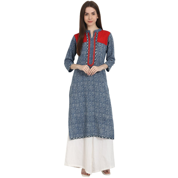 Women's Blue Printed 3/4 Sleeve Cotton Kurta - Nayo Clothing