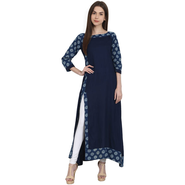 Women's Navy Blue 3/4 Sleeve Cotton Slub Long Kurta - Nayo Clothing