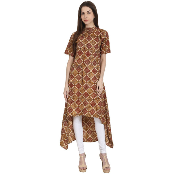 Women's Multi Printed Half Sleeve Low High Cotton Kurta - Nayo Clothing