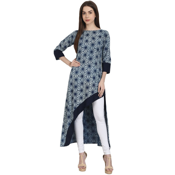 Women's Blue Printed 3/4 Sleeve Assymetrical Cotton Kurta - Nayo Clothing