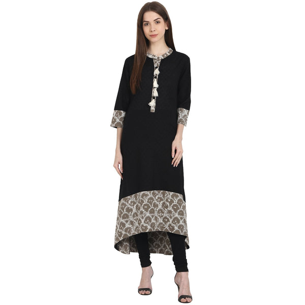 Women's Black 3/4 Sleeve Cotton Low High Kurta - Nayo Clothing