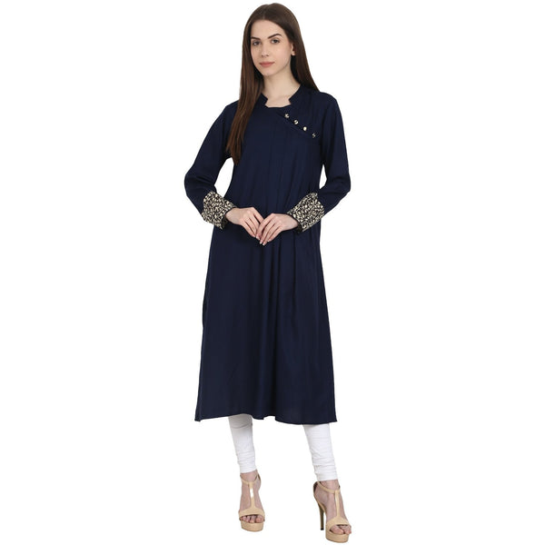 Women's Blue Full Sleeve Cotton A-Line Kurta - Nayo Clothing