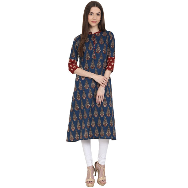 Women's Blue Printed 3/4 Sleeve Cotton A-Line Kurta - Nayo Clothing